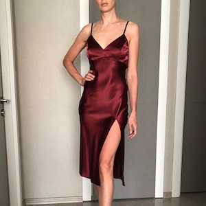 Red Wine Silk Satin Midi Length Slip Dress with a Long Side Slit,Burgundy,Maroon Adjustable Spaghetti Straps,Bias Cut Camisole Silky Dress