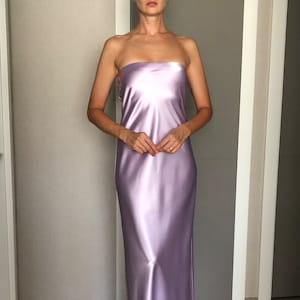 Strapless Lavender Silk Satin Maxi Length Slip Dress,Tube Top Dress,Lilac Date Night,Light Purple Silky Bridesmaid Bias Cut Gown,Full Length