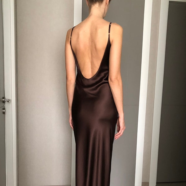 Brown Maxi Silk Satin Slip Dress,Dark Chocolate Open Back Adjustable Spaghetti Straps,Full Long Bitter Brownie Bias Cut Camisole Silky Dress