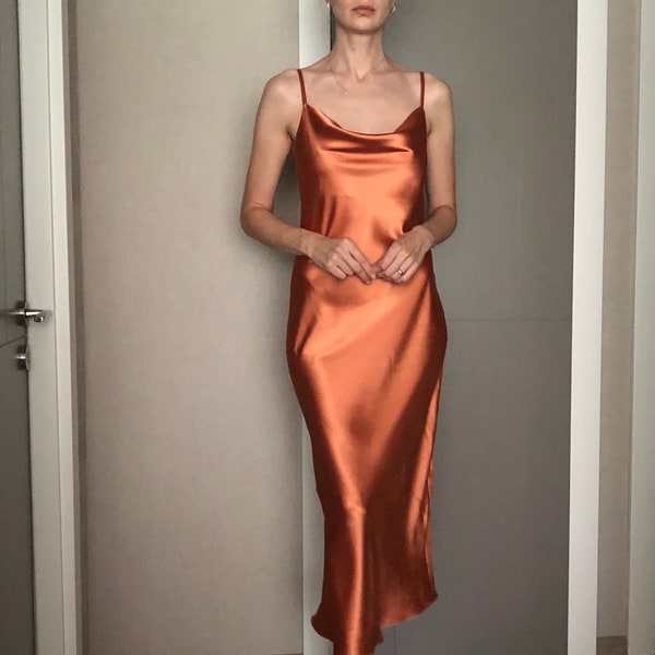 Burnt Orange Cowl Neck Silk Satin Midi Length Slip Dress,Bias Cut Adjustable Spaghetti Straps,Date,Bridesmaid Pumpkin Spice,Rust,Terracotta