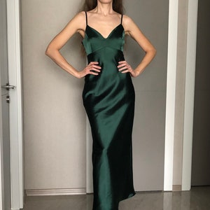 Maxi Silk Satin Dress,Forest Green Extra Full Length Slip Dress,Dark Green Adjustable Spaghetti Straps,Silky Deep V Neck Bias Cut Dress image 5