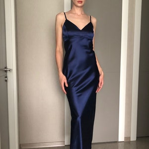 Navy Blue Maxi Silk Satin Dress, Midnight Blue Extra Full Length Slip Dress,Adjustable Spaghetti Straps, Silky Deep V Neck Bias Cut Dress