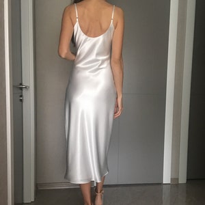 White Cowl Neck Silk Satin Midi Length Slip Dress,Adjustable Spaghetti Straps,Bias Cut,Date Open Back Wedding Dress Bridesmaids Engagement image 5