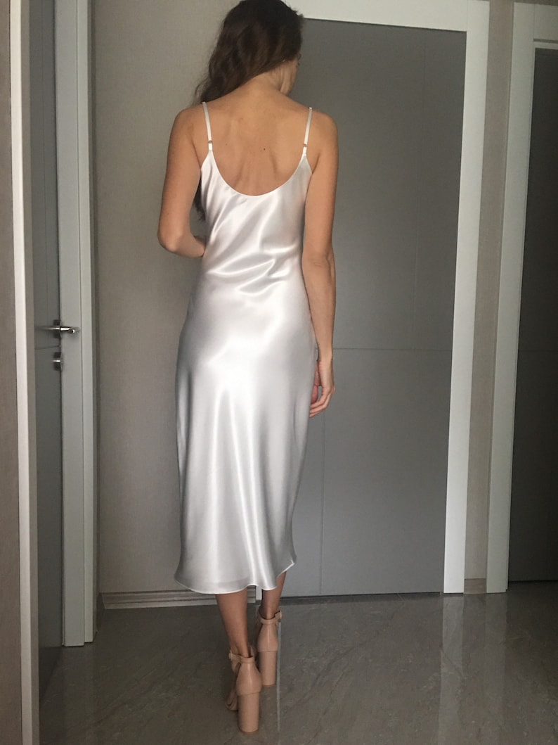 White Cowl Neck Silk Satin Midi Length Slip Dress,Adjustable Spaghetti Straps,Bias Cut,Date Open Back Wedding Dress Bridesmaids Engagement image 5