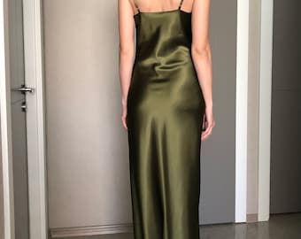 Khaki Cowl Neck Silk Satin Maxi Length Slip Dress,Adjustable Spaghetti Straps,Dark Olive Date Night,Military Green Silky Bridesmaid Bias cut Khaki Cowl Neck Silk Satin Maxi Length Slip Dress,Adjustable Spaghetti Straps,Dark Olive Date Night,Military Green Silky Bridesmaid Bias cut