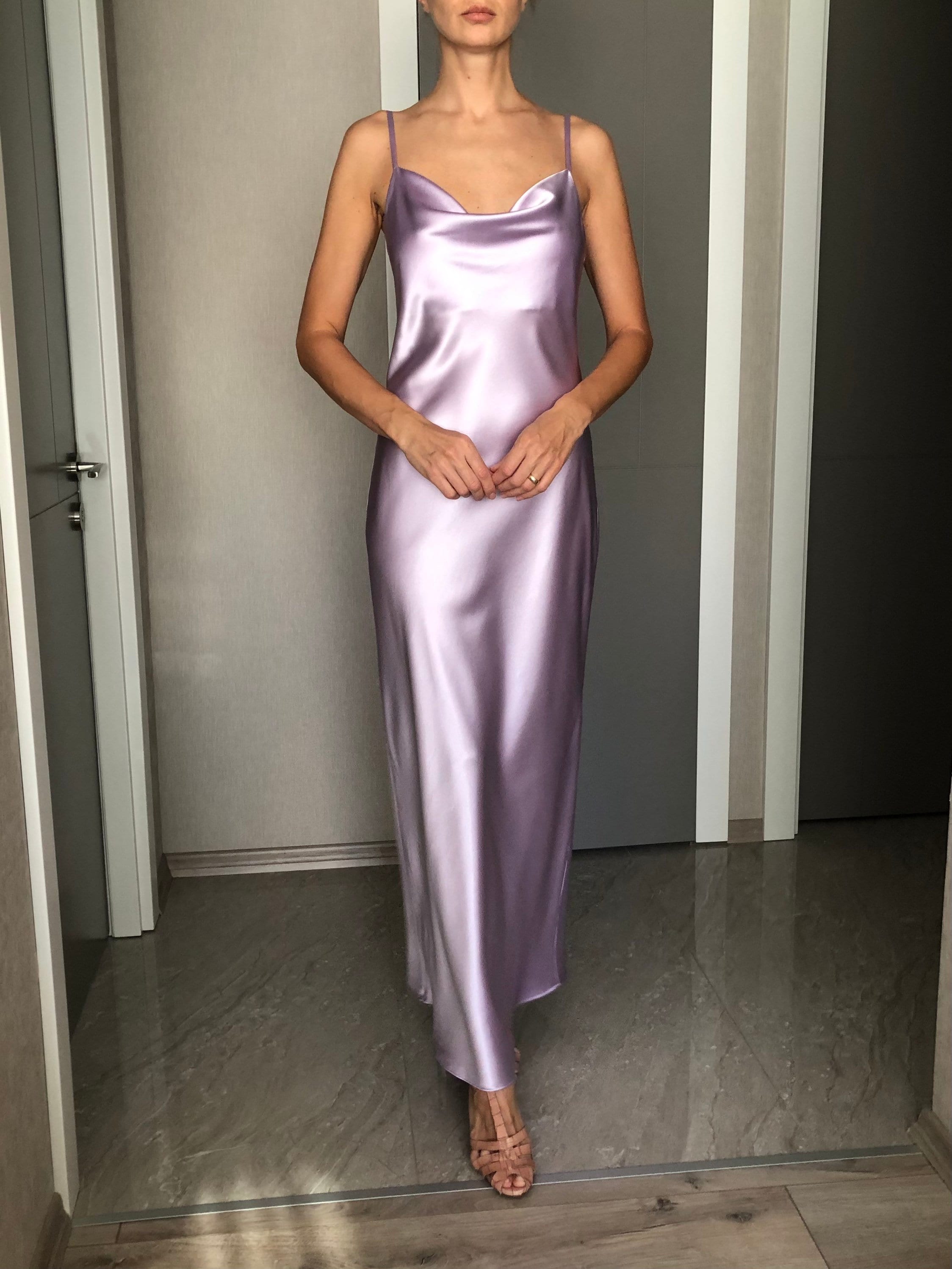 lilac satin cowl neck dress KissProm