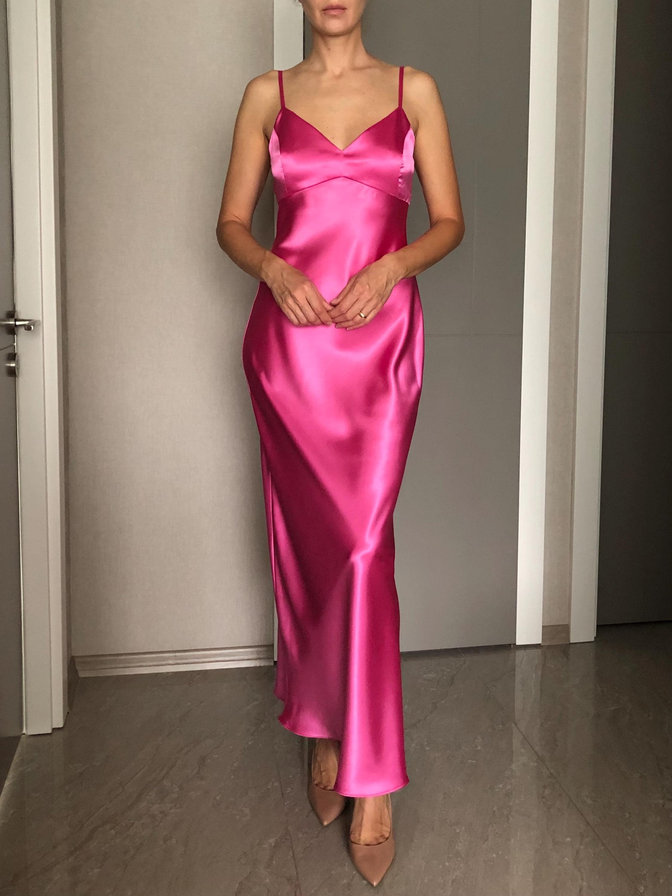 hot pink spaghetti strap dress A-line Hot Pink Lace Popular Spaghetti Straps Modest Long Prom Dresses bridalsew