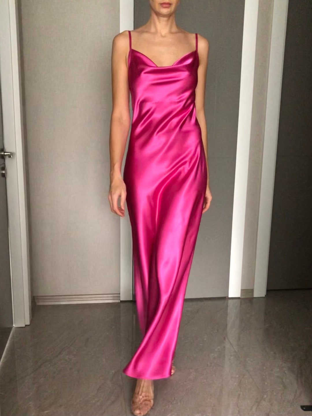 hot pink silk dress Hot Pink Cowl Neck Silk Satin Maxi Length Slip Dress,Fuchsia Adjustable Spaghetti Straps,Deep Bright Date Night Silky Bridesmaid Bias cut