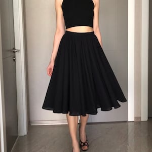 Crepe Chiffon Skirt,Underlined with 100%Cotton,Black Midi Skirt,Bridesmaid flowy Bridal Tea length short wedding skirt,Many Colors