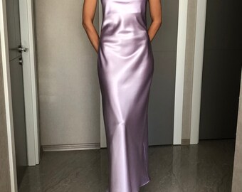 lilac satin cowl neck dress KissProm