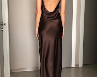 knee length dresses for ladies Long Sleeve Satin Slip Dress in Chestnut Brown  Hijabglamour