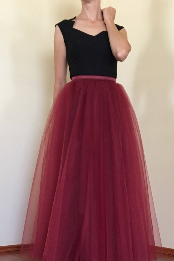 burgundy tulle maxi skirt