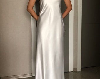 Strapless White Silk Satin Maxi Length Slip Dress,tube Top Dress