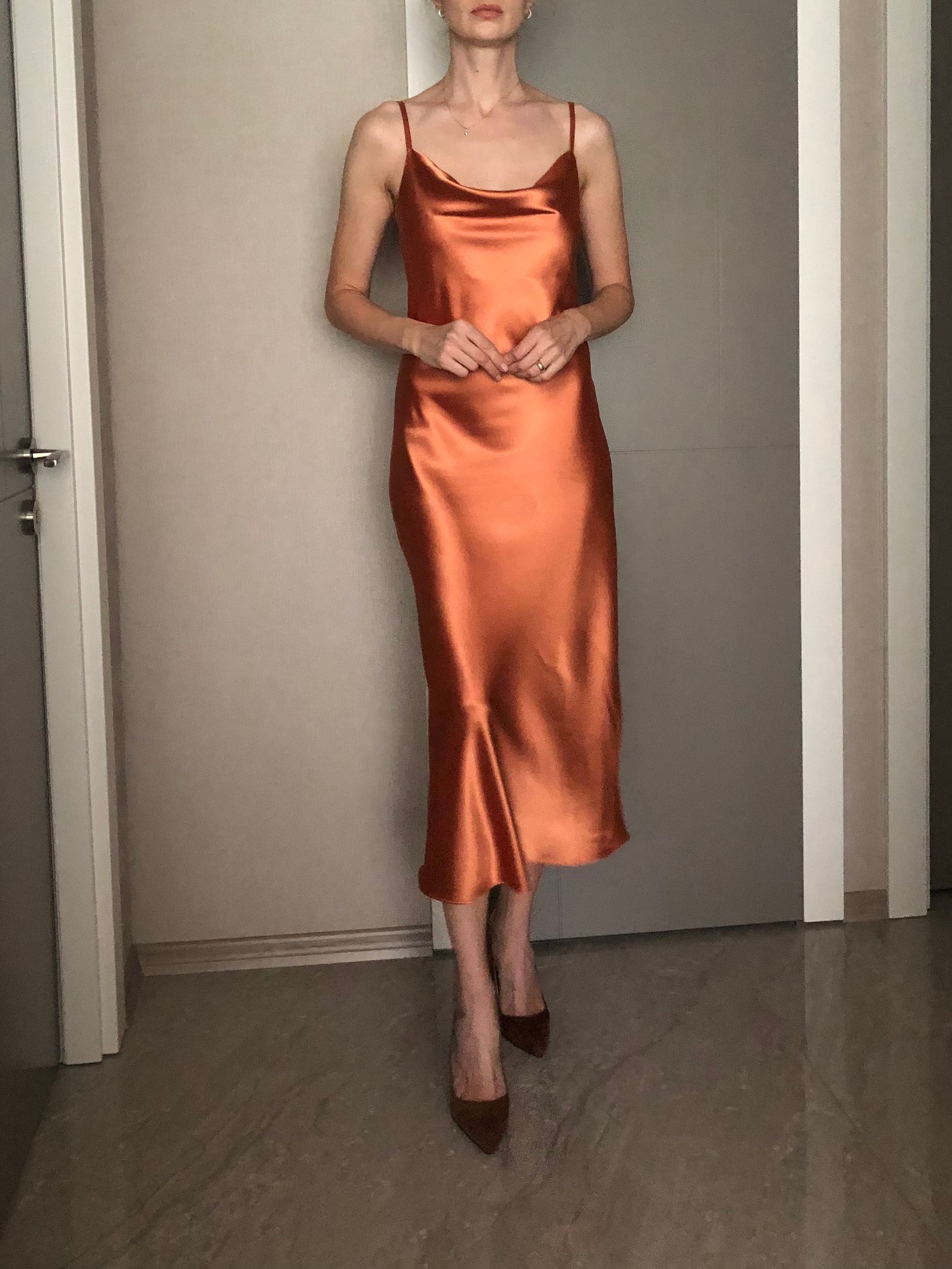 Burnt Orange Cowl Neck Silk Satin Midi Length Slip Dress,Bias Cut Adjustable Spaghetti Straps,Date,Bridesmaid Pumpkin Spice,Rust,Terracotta