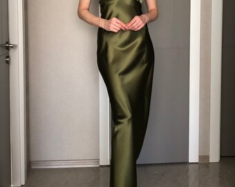 strapless open back dress Olive Green Recycled Silk Midi Slip Dress – InFlair main image 1