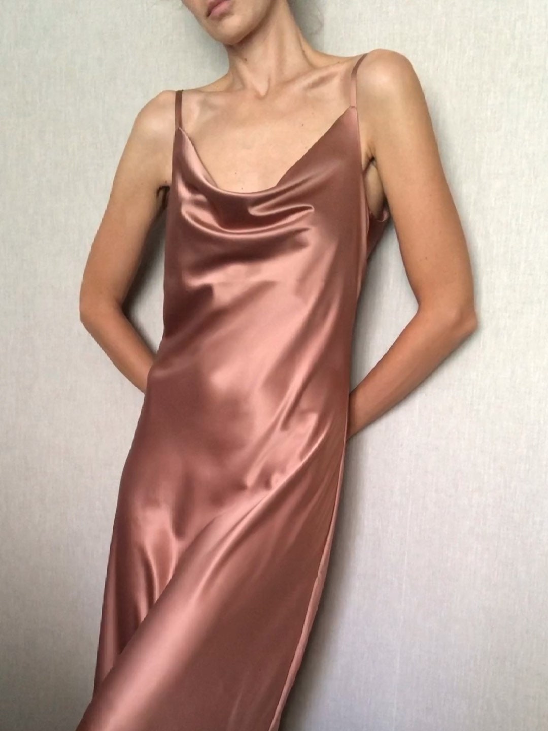 Rose Gold Cowl Neck Silk Satin Midi ...