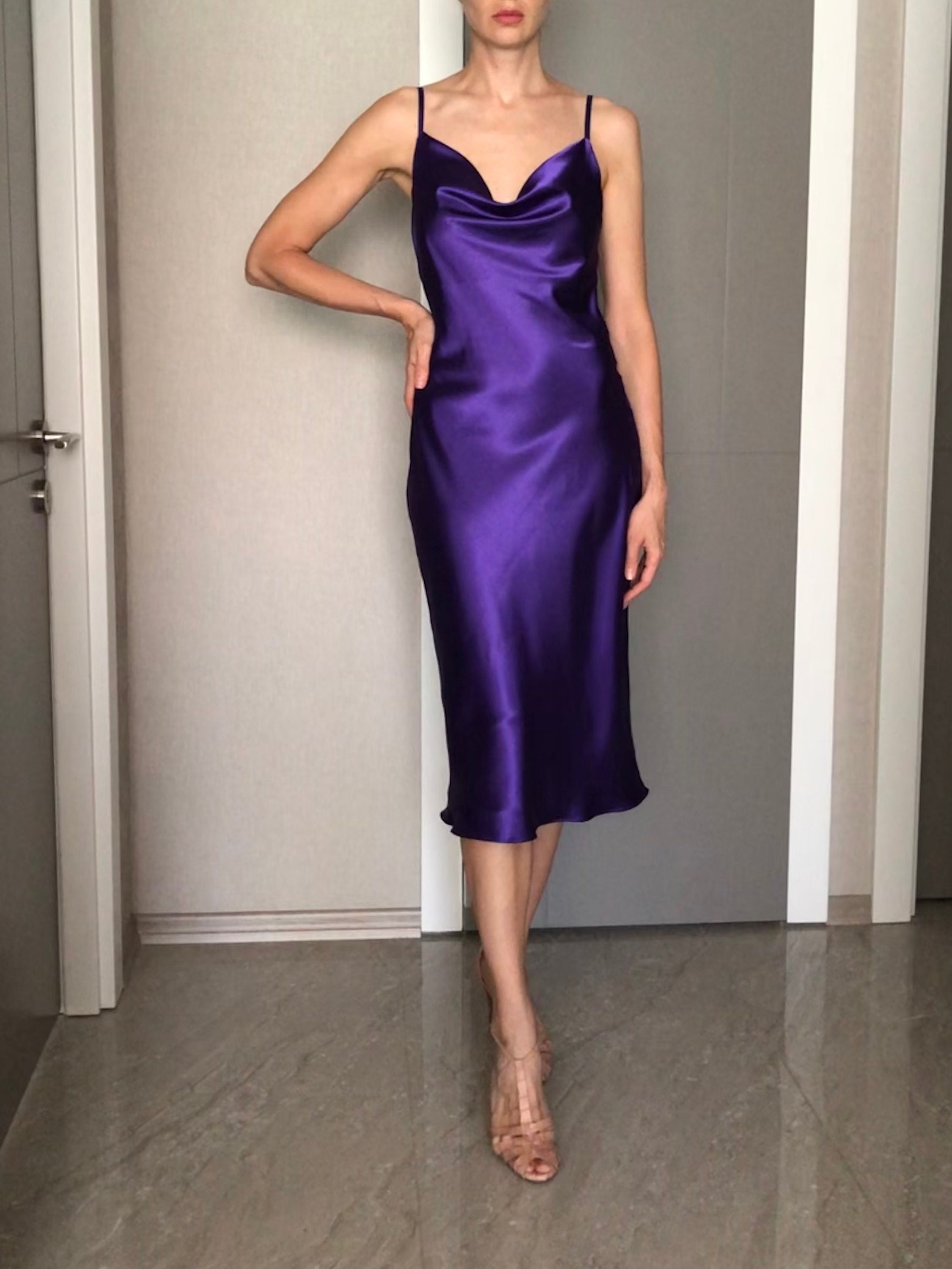 Purple Cowl Neck Silk Satin Midi Length Slip Dress,Bias Cut Adjustable Spaghetti Straps,Date,Bridesmaid Violet Grape Amethyst Lavender Plum Purple Cowl Neck Silk Satin Midi Length Slip Dress,Bias Cut Adjustable Spaghetti Straps,Date,Bridesmaid Violet Grape Amethyst Lavender Plum