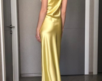 Sun Yellow Maxi Silk Satin Dress,lemon Extra Full Length