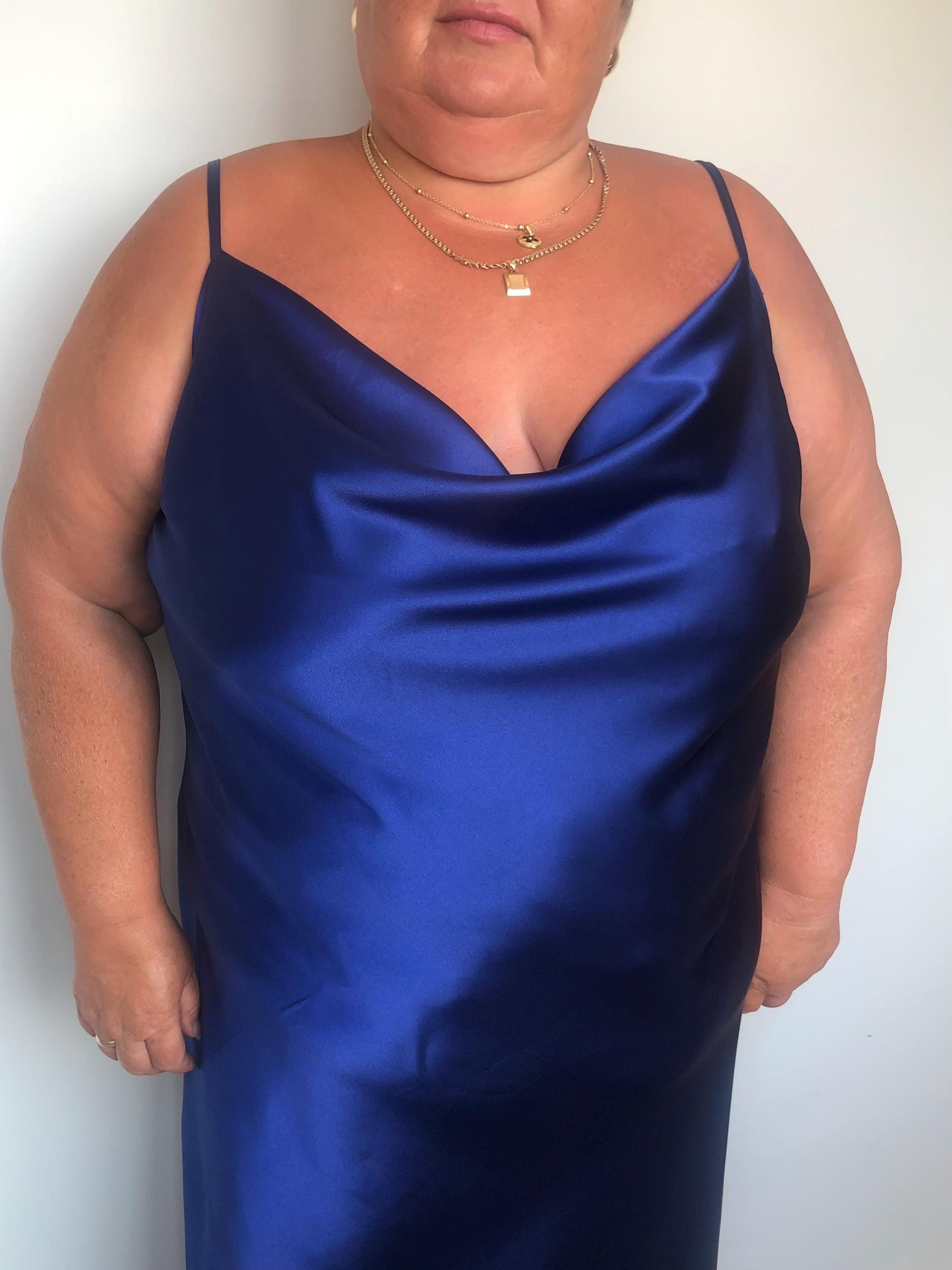 Plus Size Blue Maxi Silk Satin Dress,Cowl neck Navy Extra Full Length Slip Gown,Adjustable Spaghetti Straps,Indigo Silky Maternity Bias Cut