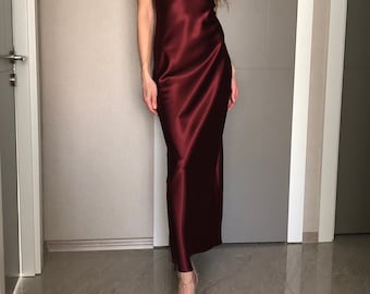 Maxi Silk Satin Dress,wine Red Extra Full Length Slip Dress