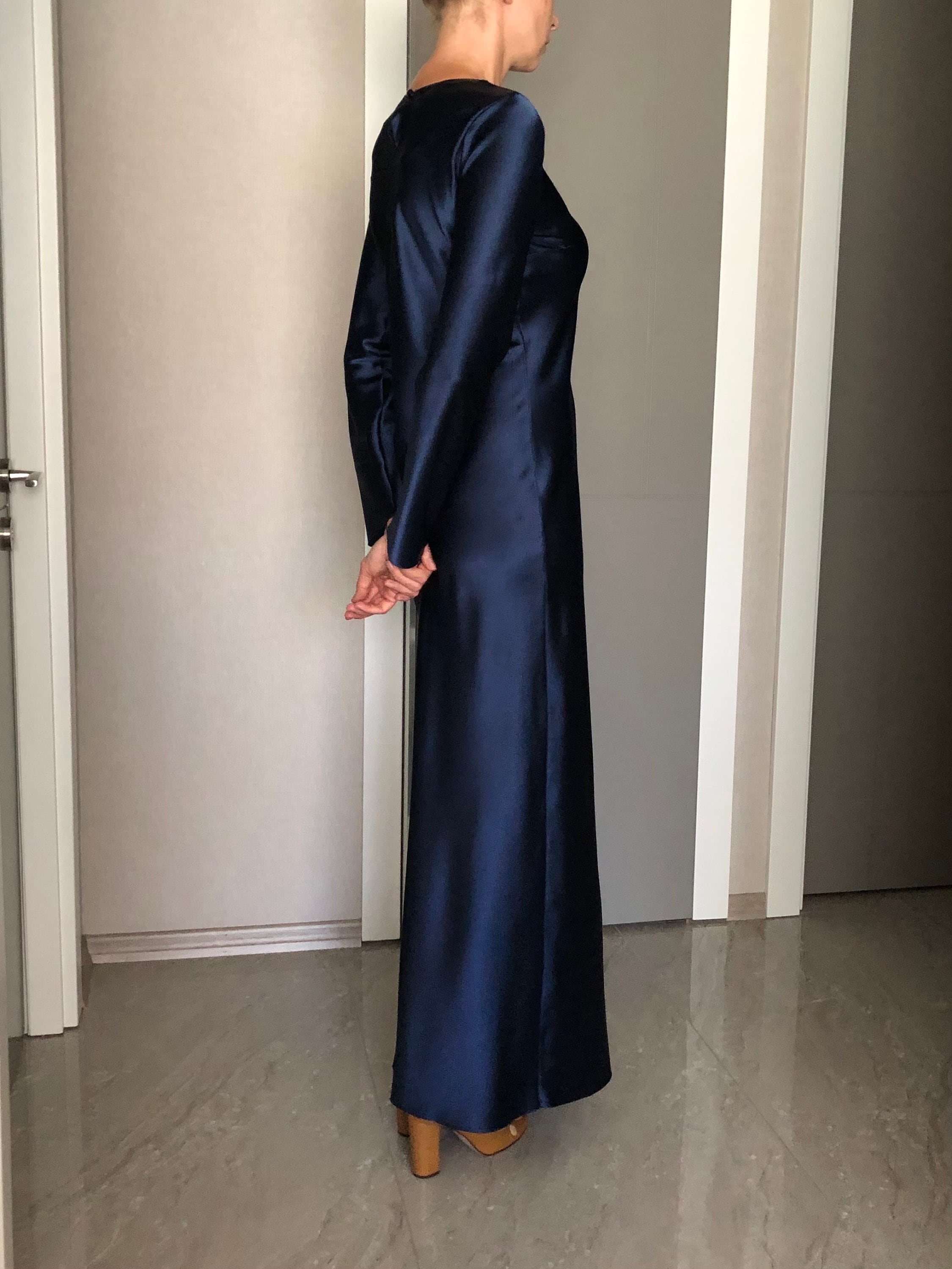 navy silk dress long sleeve Navy Blue Satin Long Sleeve A-line Maxi Bridesmaid Dress