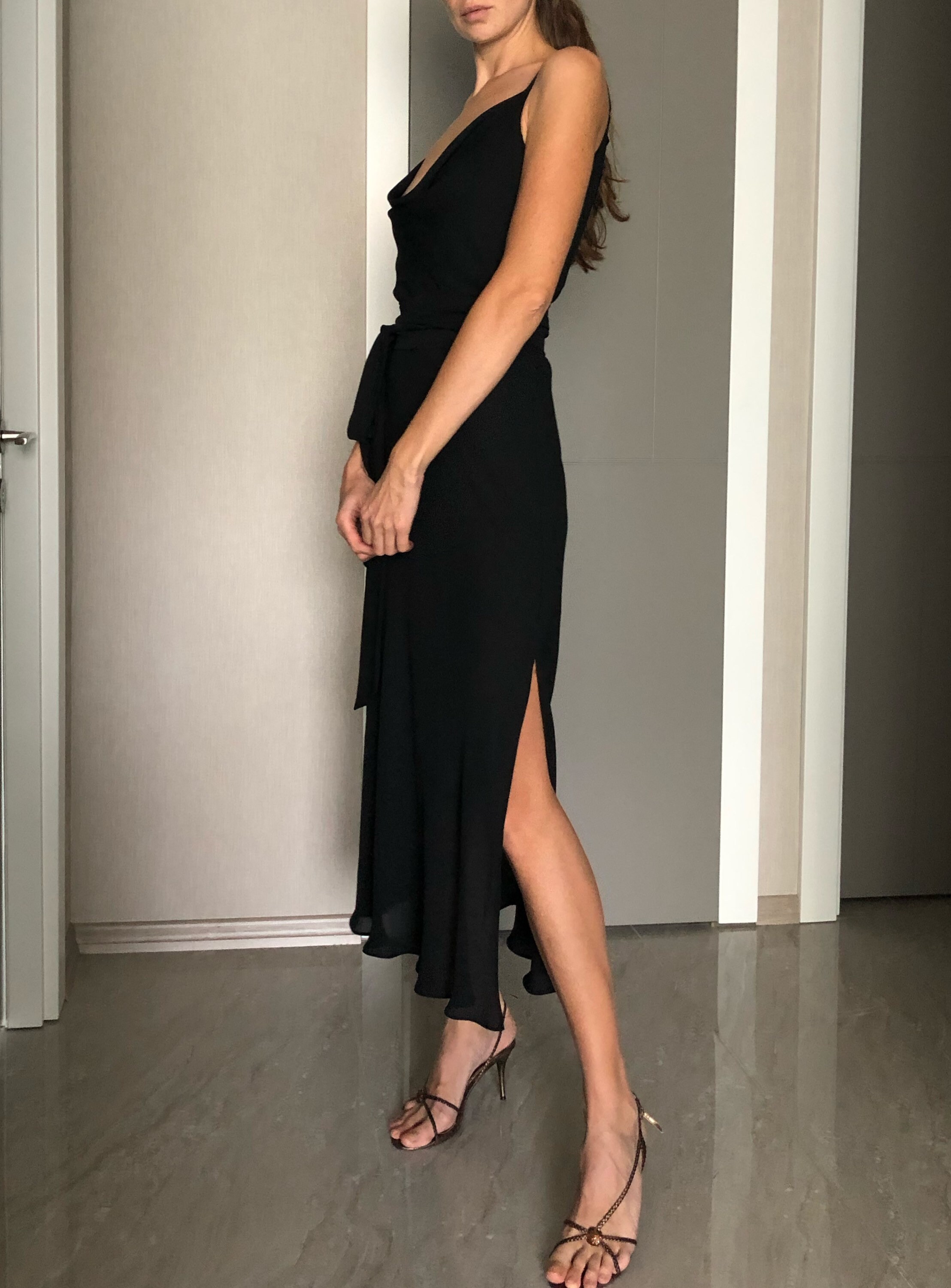 black cowl neck midi dress Black Draped Cowl Neck Midi Dress