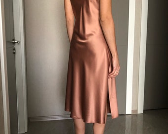 Rose Gold Cowl Neck Silk Satin Midi Length Slip Dress,adjustable Spaghetti  Straps,pale Pink Date Night,open Back Blush Pink Silky Bridesmaid - Etsy