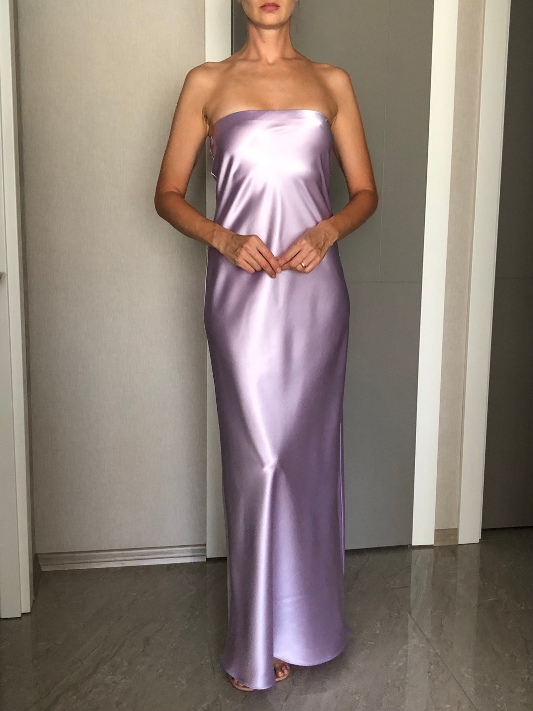 Strapless Lavender Silk Satin Maxi Length Slip Dress,tube Top