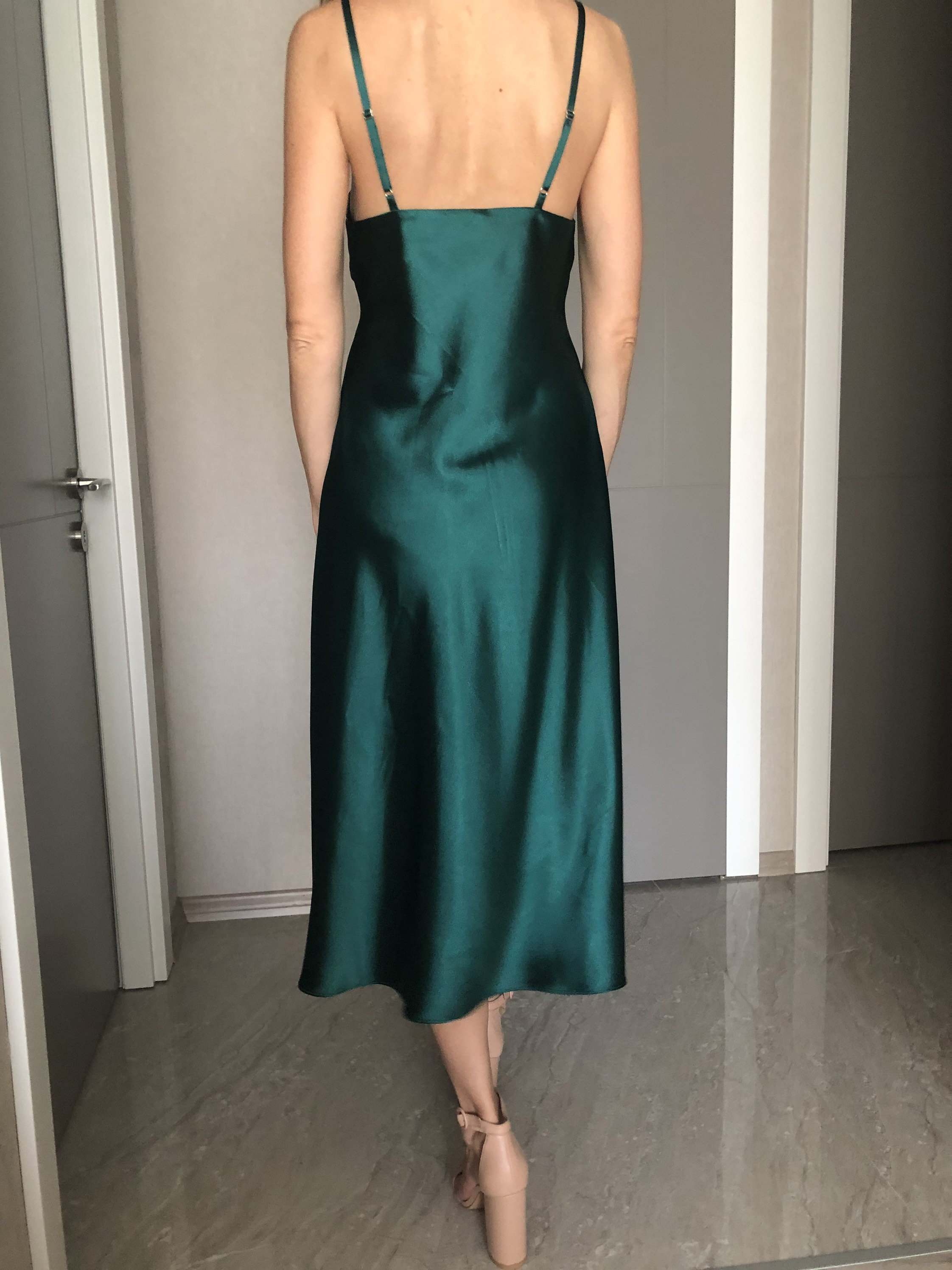 Forest Green Silk Satin Midi Length Slip Dress With a Long Etsy