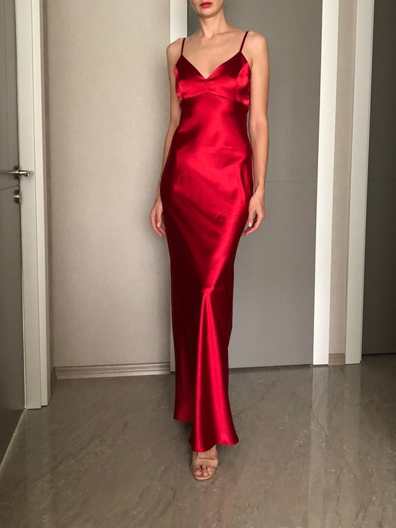 Red Silk Satin Dress,extra Full Length Slip Dress,adjustable Spaghetti  Straps,silky Deep V Neck Bias Cut Dress -  Israel
