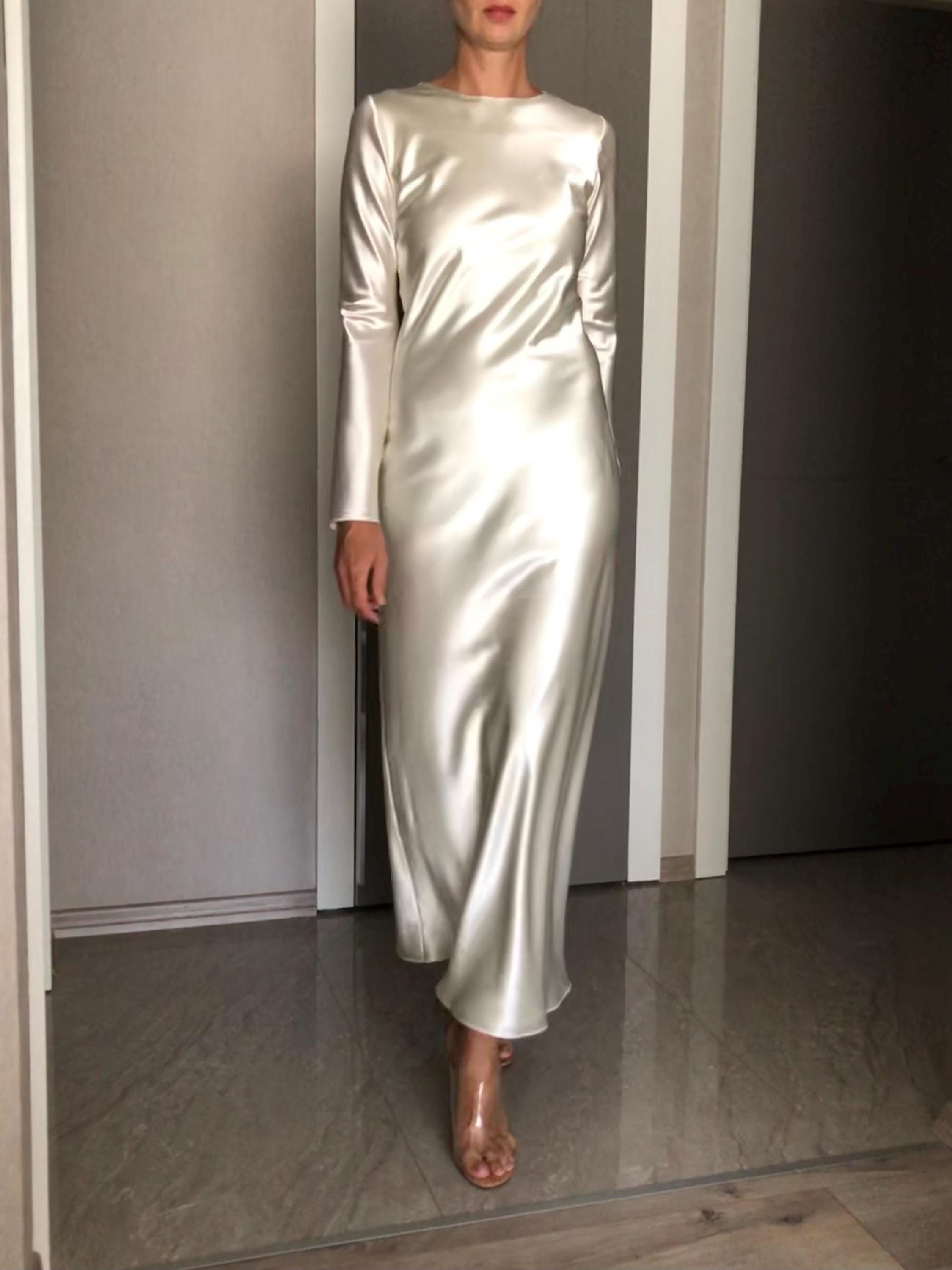 Ivory Long Sleeves Maxi Satin Dress,Extra Full Floor Length Slip Dress,Silky Bias Cut Dress,Bridesmaids,Hijab,Evening Dress, Casual Wedding