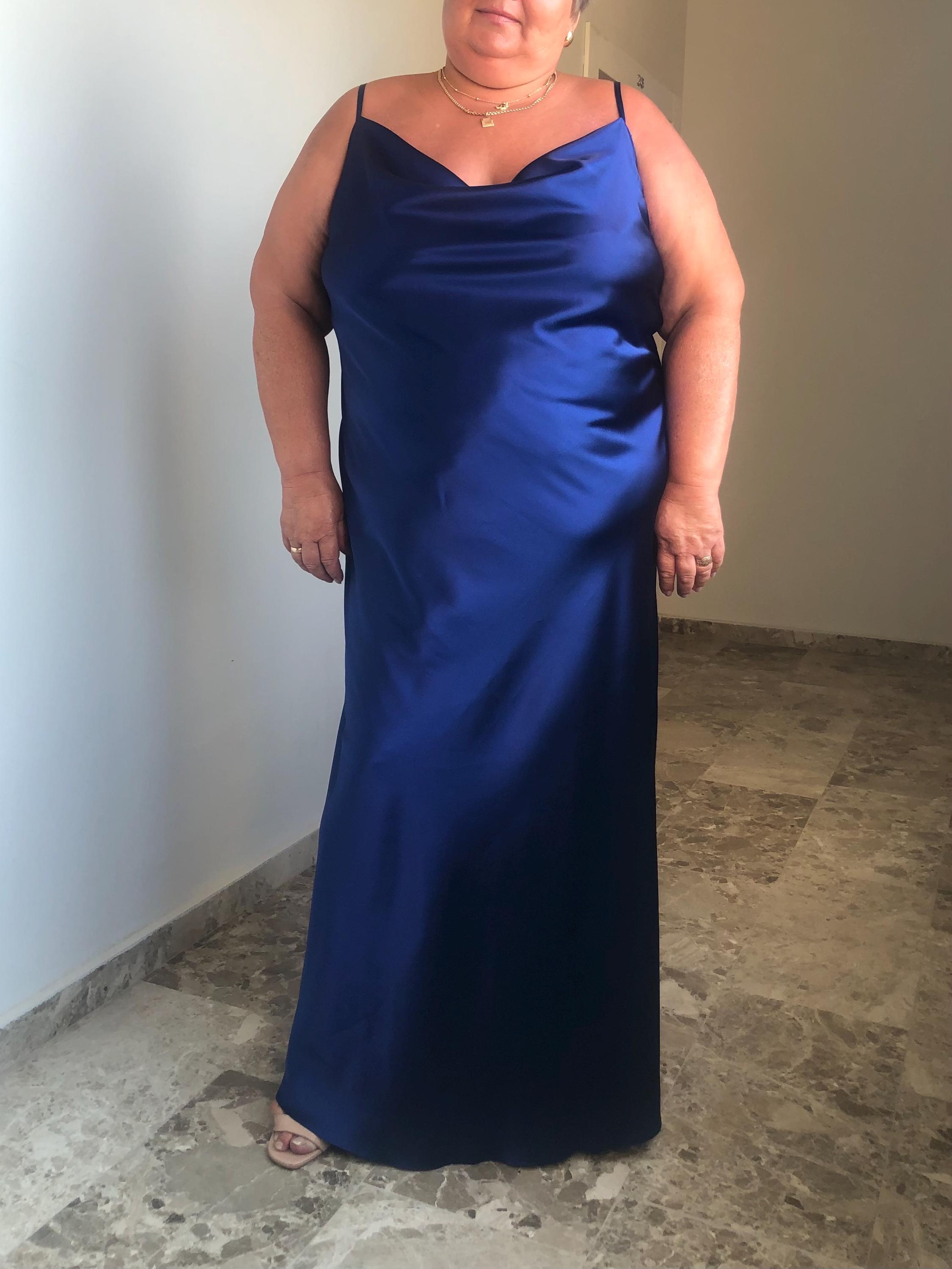 Plus Size Blue Maxi Silk Satin Dress,Cowl Neck Navy Extra Full Length Slip Gown,Adjustable Spaghetti Straps,Indigo Silky Maternity Bias Cut