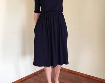 100% Cotton jersey knit,Navy Blue Midi Dress With Pockets,Half Sleeve Midi dress,Open Back Tea Length dress,Red Daily dress,Summer dress.