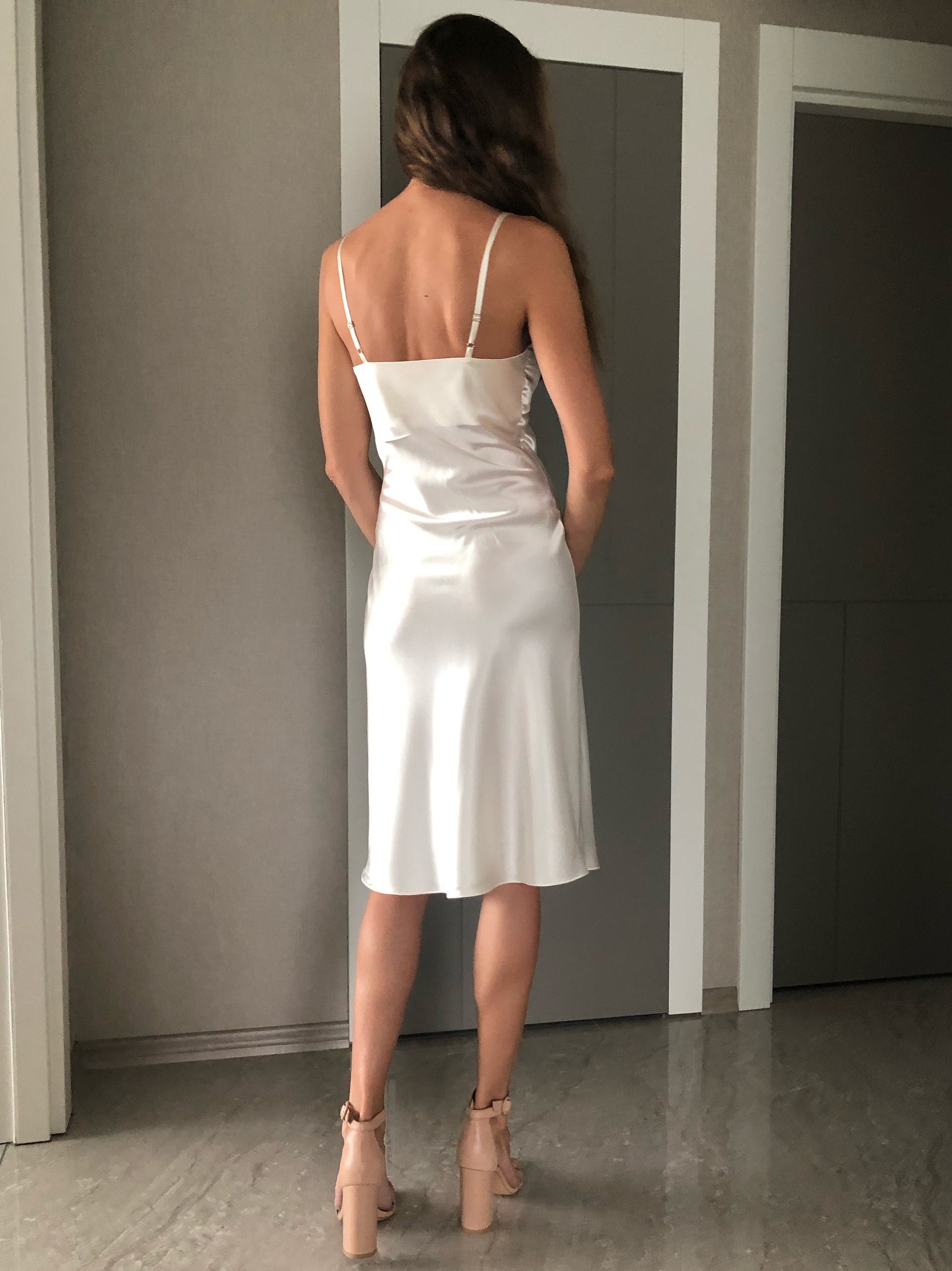 İvory Silk Satin Midi Length Slip Dress With a Long Side Slit,adjustable  Spaghetti Straps,elegant off White Bride Nightgown,bias Cut Boudoir -   Canada
