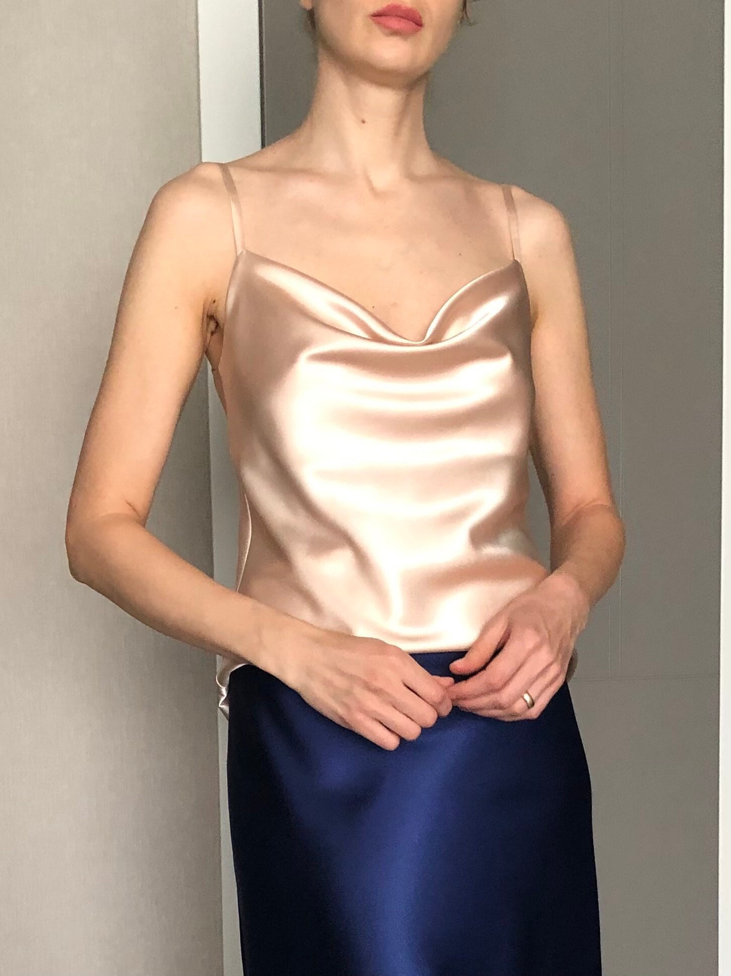 Cream Cowl Neck Silk Satin Top,open Back Light Champagne