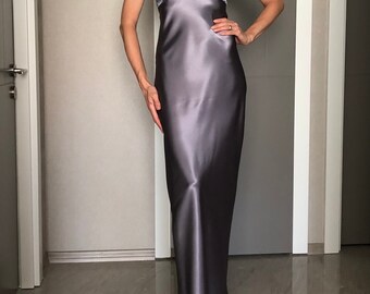 dark grey satin dress Simple Gray A line long prom gray long formal dress XS/34/US4 Women's Short Homecoming Dresses with