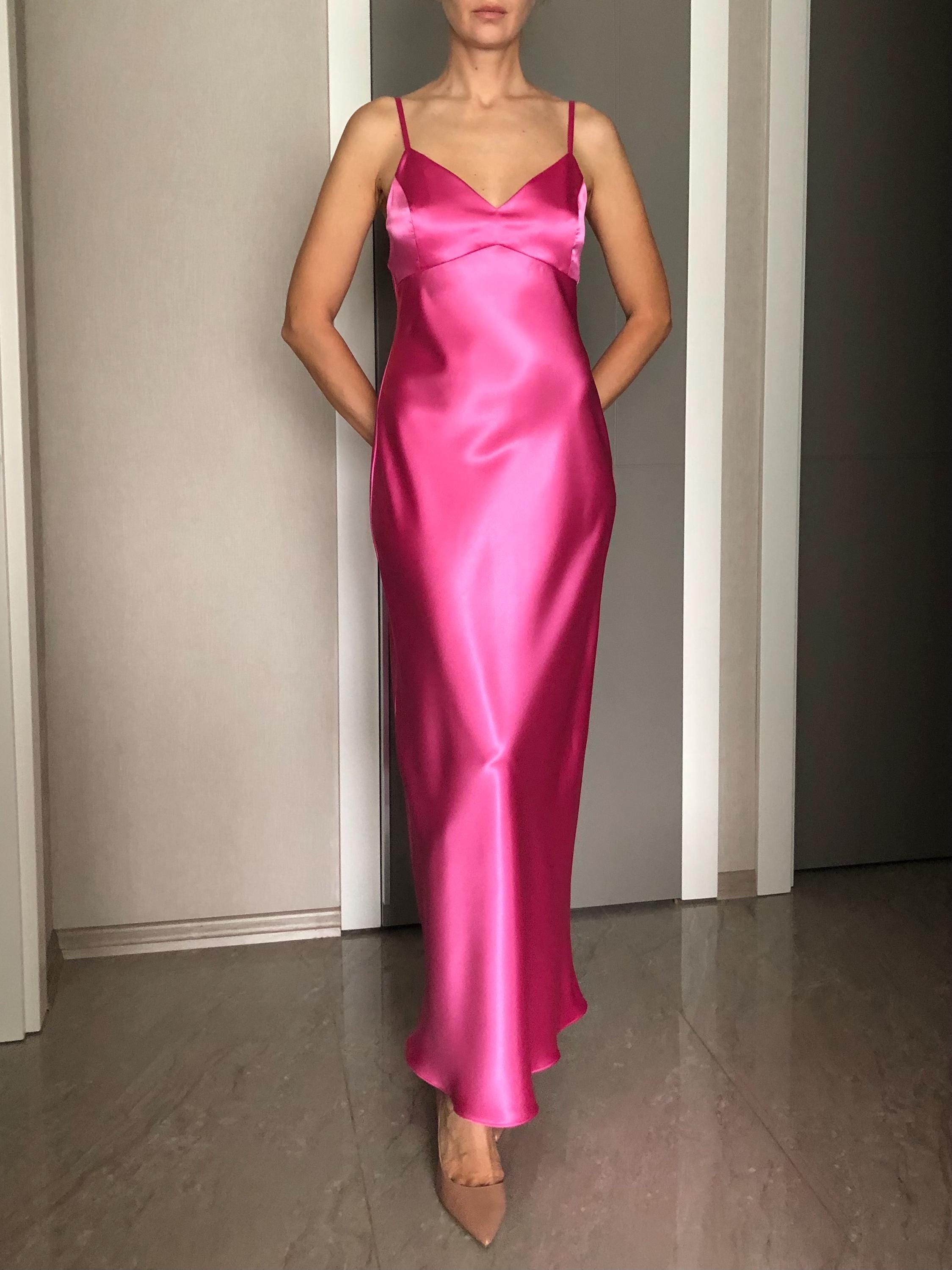 hot pink satin dress V-Neck Silk Maxi Length Slip Dress,Fuchsia Adjustable Spaghetti Straps,Deep Bright Date Night Silky Bridesmaid Bias cut allowing for a customizable fit that flatters from every angle Pink Prom Dress Hot Pink