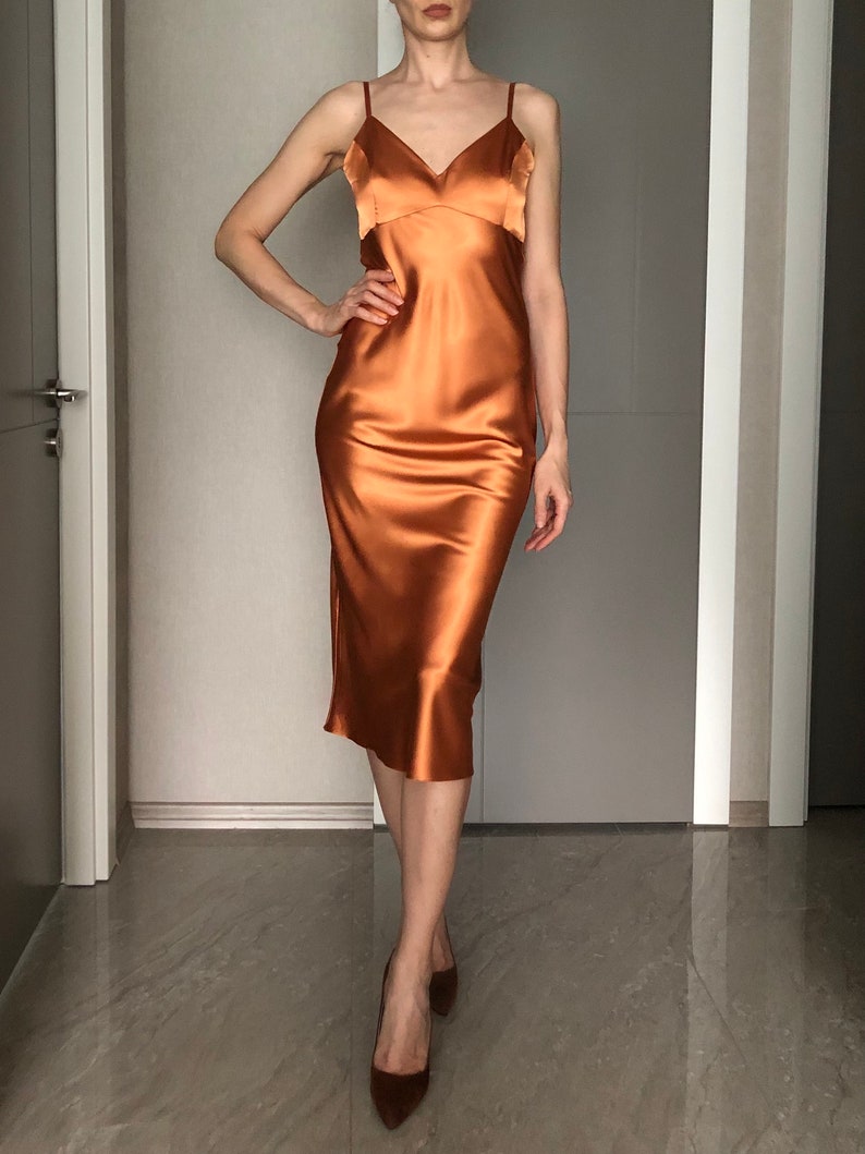 Burnt Orange Silk Satin Midi Length Slip Dress With a Long - Etsy
