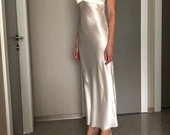 Ivory Maxi Silk Satin Dress,cream Extra Full Length Bias Cut Slip With  Adjustable Spaghetti Straps and Deep V Neck - Etsy