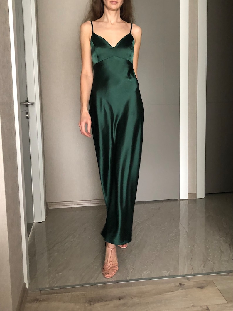 Maxi Silk Satin Dress,Forest Green Extra Full Length Slip Dress,Dark Green Adjustable Spaghetti Straps,Silky Deep V Neck Bias Cut Dress image 2
