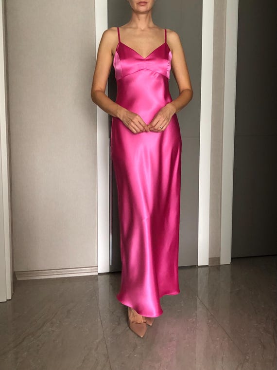 Hot Pink V-Neck Silk Satin Maxi Length Slip Dress,Fuchsia Adjustable Spaghetti Straps,Deep Bright Date Night Silky Bridesmaid Bias cut dress Hot Pink V-Neck Silk Satin Maxi Length Slip Dress,Fuchsia Adjustable Spaghetti Straps,Deep Bright Date Night Silky Bridesmaid Bias cut dress