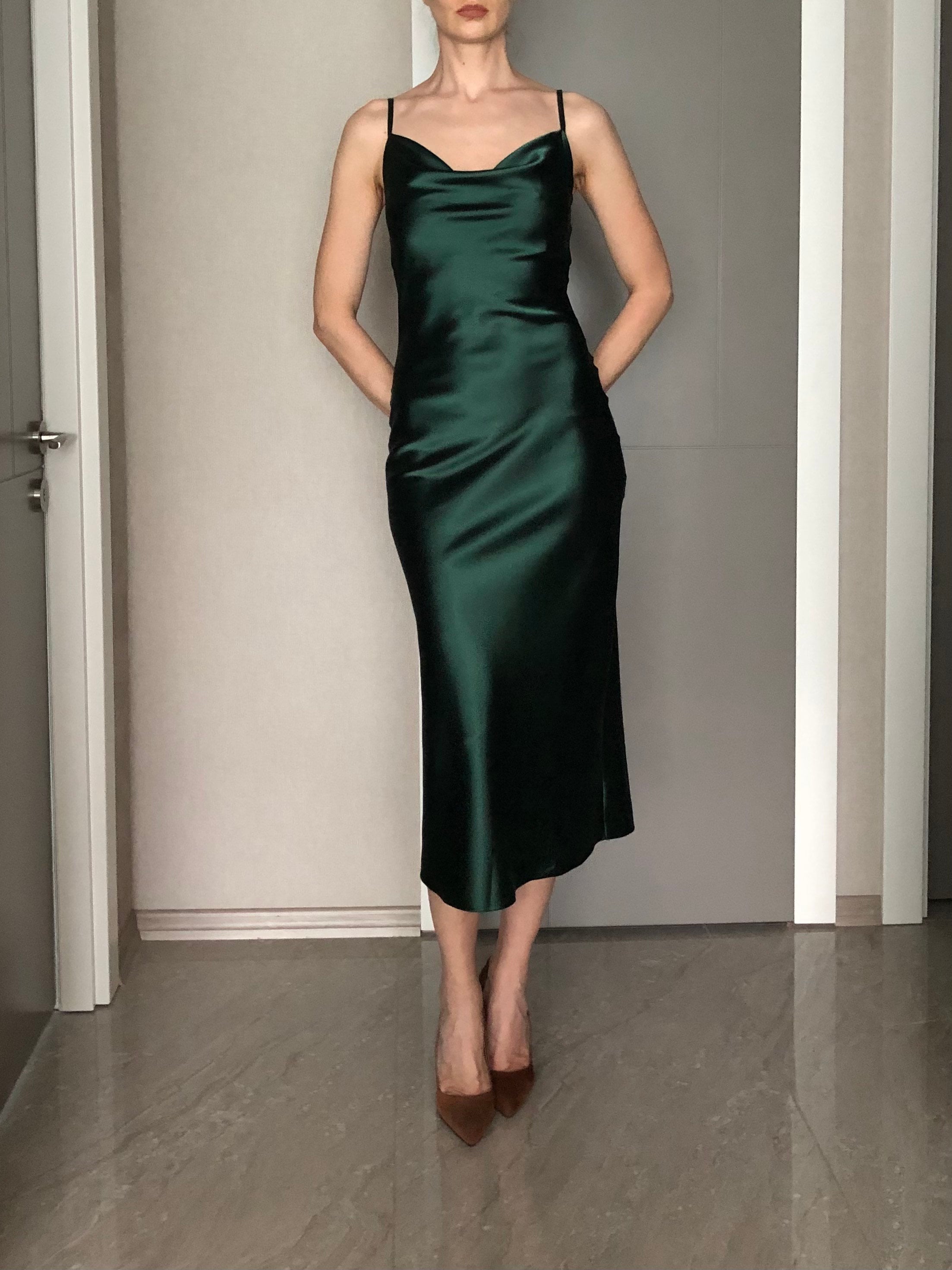 Forest Green Cowl Neck Silk Satin Midi Length Slip Dress