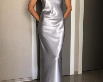 silver satin dress fifty shades darker Silver Silk Satin Slip Dress, Cowl Neck Maxi Dress, Adjustable Straps