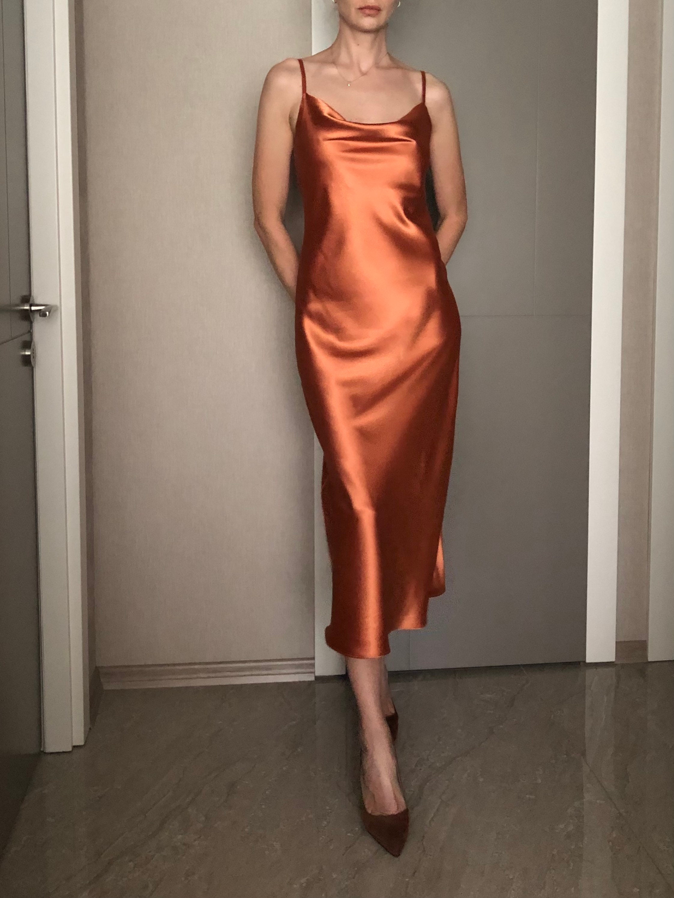 calla love rust orange jacquard satin slip dress Lovely Satin Dress - Rust Orange Midi Dress - Jacquard Slip Dress