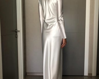 White Long Sleeves Maxi Satin Dress,extra Full Floor Length Slip Dress,silky  Bias Cut Dress,bridesmaids,hijab,evening Dress, Casual Wedding - Etsy