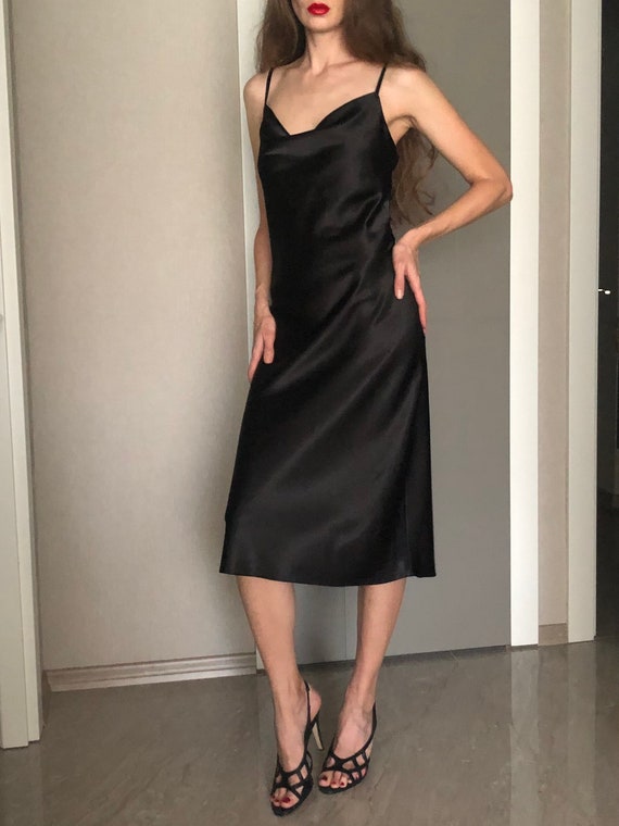 Black Cowl Neck Silk Satin Midi Length Slip Dress,adjustable Spaghetti  Straps,bias Cute Date Night,open Back Silky Bridesmaid Dress - Etsy