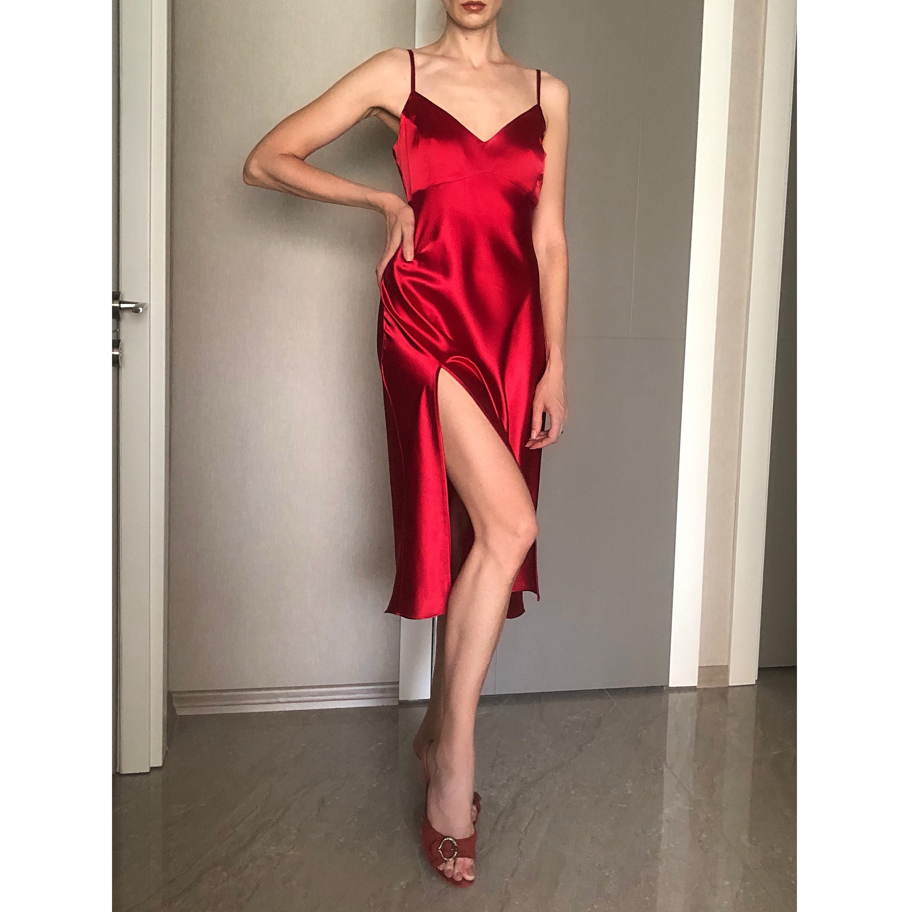 Red Silk Side Slit Dress - Etsy UK