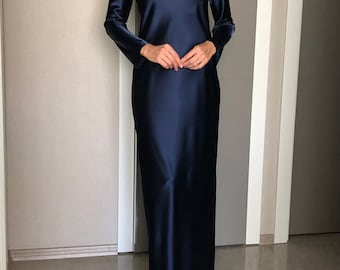 Navy Blue Long Sleeves Maxi Satin Dress,Midnight Blue Extra Full Floor Length Slip Dress,Silky Bias Cut Dress,Bridesmaids,Hijab,Evening