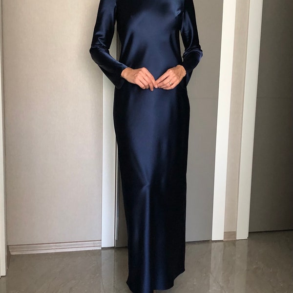 Navy Blue Long Sleeves Maxi Satin Dress,Midnight Blue Extra Full Floor Length Slip Dress,Silky Bias Cut Dress,Bridesmaids,Hijab,Evening