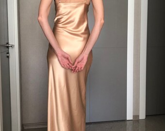 long champagne slip dress Six Stories Women's Cami Cowl Front Satin Bridesmaid Dress